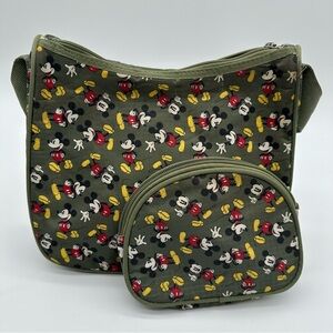 Disney Olive Green Mickey Mouse Nylon Shoulder Bag and Matching Cosmetics Case